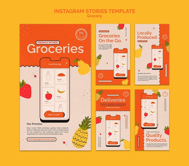 Grocery delivery service social media stories collection Free Psd