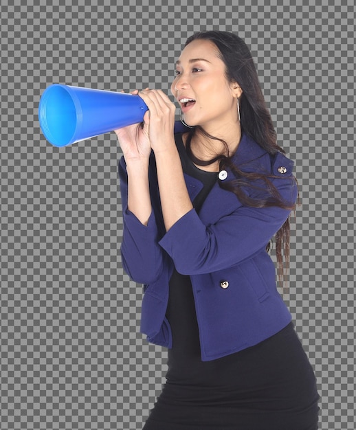 Premium Psd Half Body s Asian Woman Black Hair Hold Blue Megaphone To Announce Big Sale Online Isolated Tanned Skin Girl Wear Blue Blazzer Suit Studio Shooting Over White Background
