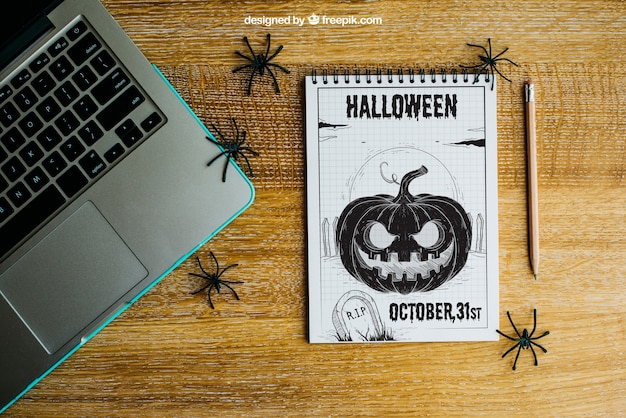 Download Halloween mockup with laptop and notepad PSD file | Free ...