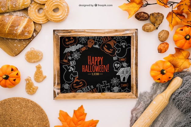 Download Halloween mockup with slate and bread PSD file | Free Download