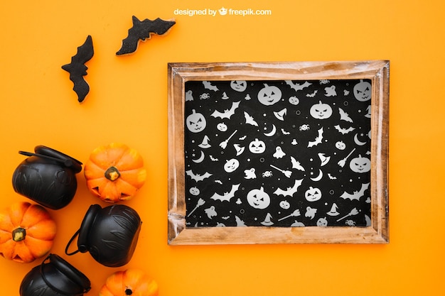 Download Halloween mockup with slate and pumpkins PSD file | Free Download