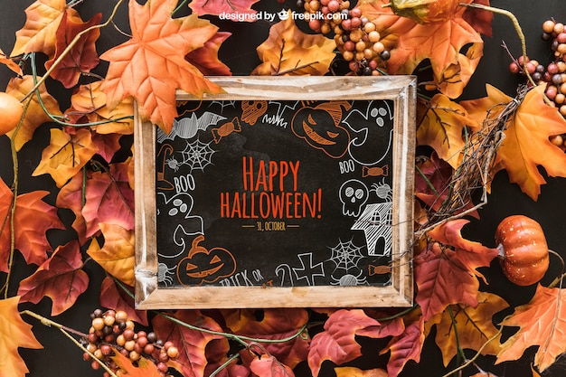 Download Halloween slate mockup on leaves PSD file | Free Download