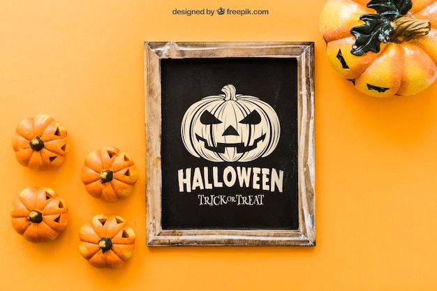 Halloween Slate Mockup With Creepy Pumpkins Psd Template Free Box Packaging Mockup Template