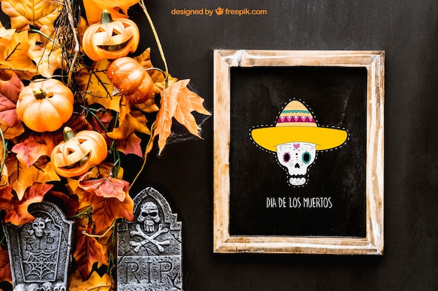 Download Free PSD | Halloween slate mockup with tombstones