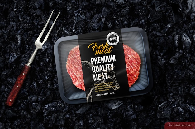 Download Premium Psd Hamburger Raw Meat Packaging Mockup Over Grill Coal