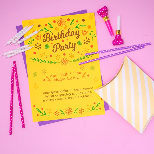 Download Happy birthday mock-up letter invitation and straws | Free PSD File