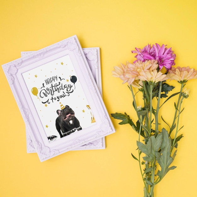 Download Happy birthday mock-up with flowers and picture frames PSD file | Free Download