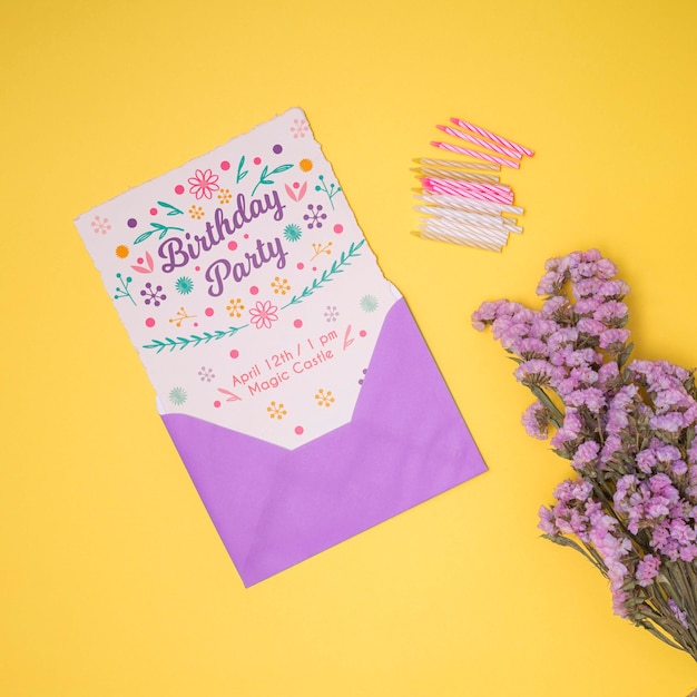 Download Happy birthday mock-up with lavender flower and envelope | Free PSD File