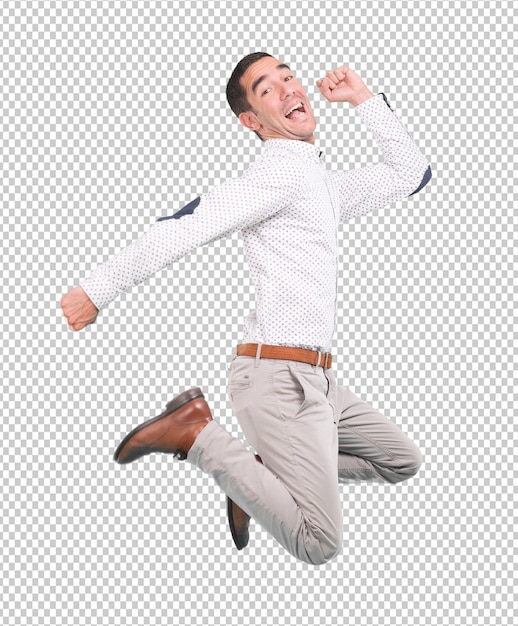 Premium PSD | Happy young man jumping with a gesture of celebration ...