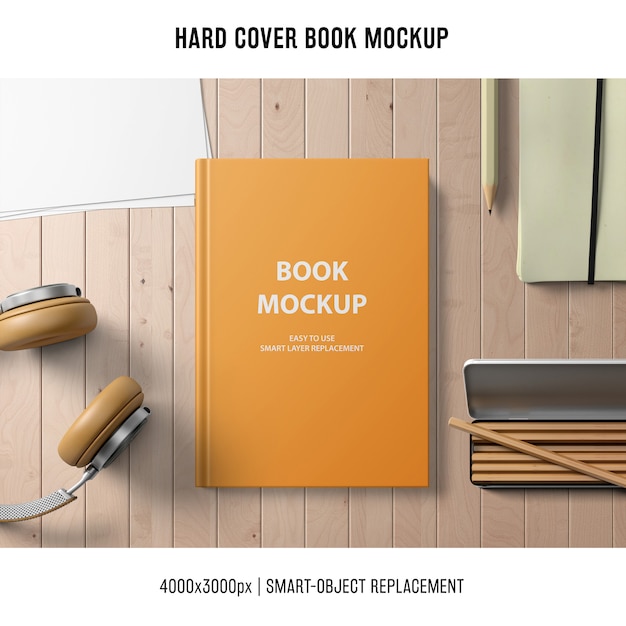 Download Hard cover book mockup with headphones and pencils PSD file | Free Download