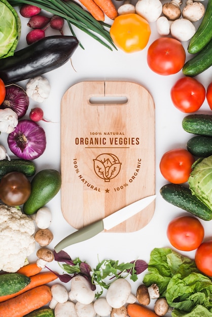 Download Healthy food mockup with wooden board | Free PSD File