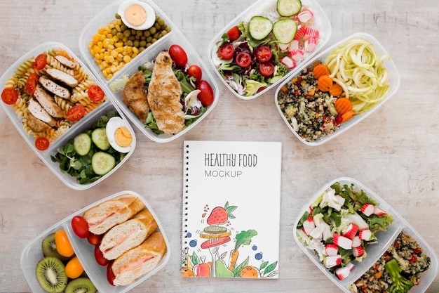 Healthy food and notebook mock-up Free Psd