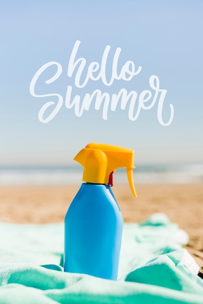 Download Hello summer bottle at the beach mockup PSD file | Free Download