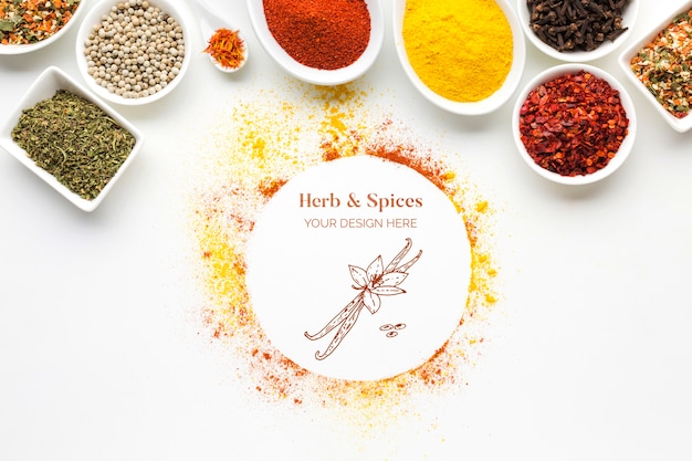 Download Free PSD | Herbs and spices mock-up with bowls top view