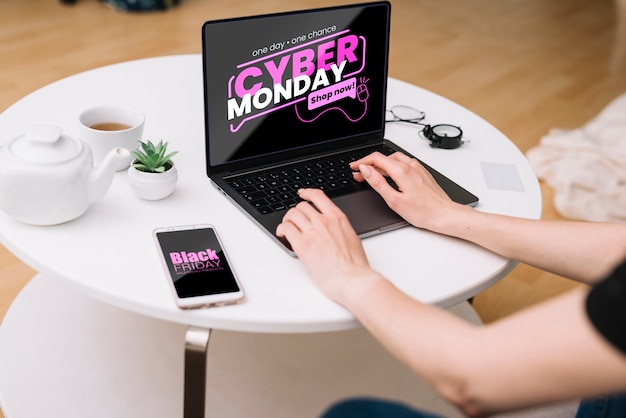 High Angle Of Cyber Monday Mock Up On Desk Free Psd File