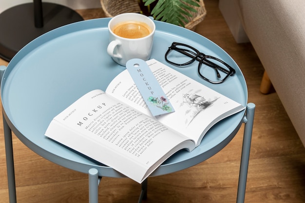 Download Free Psd High Angle Open Book Mock Up On Coffee Table With Bookmark