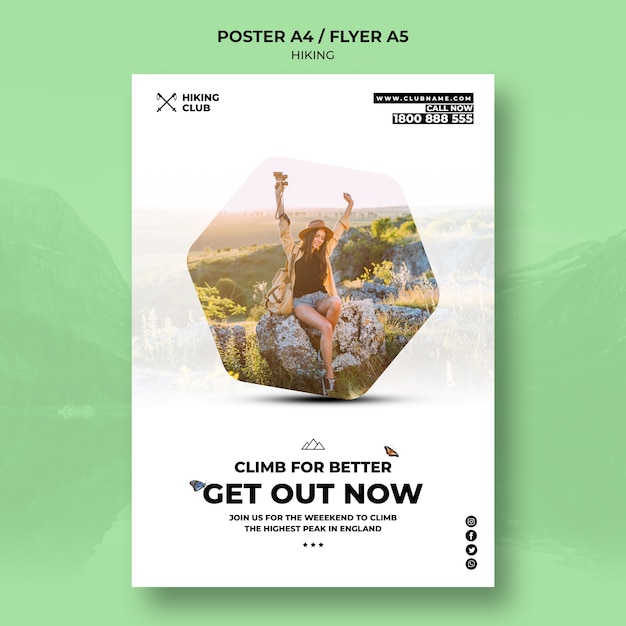 Hiking poster concept with woman sitting on a rock Free Psd