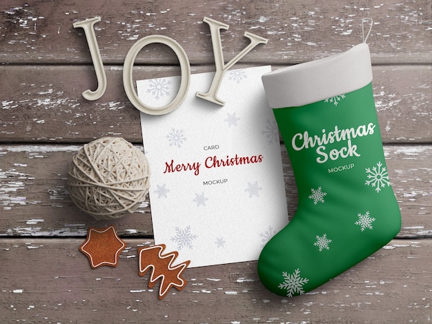 Download Premium PSD | Holiday greeting card and christmas stocking sock mockup