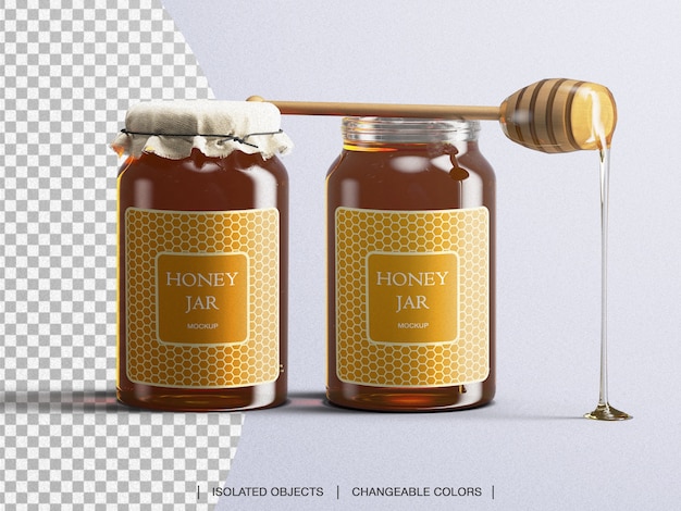 Download Premium Psd Honey Jar Packaging Glass Bottle Mockup With Honey Spoon Isolated