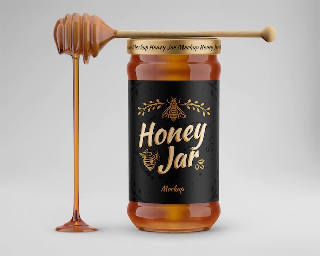 Honey jar with honey spoon mockup Premium Psd