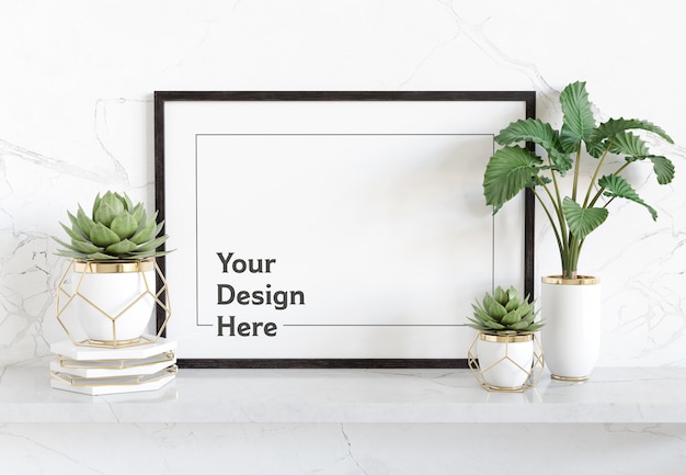 Download Horizontal black frame laying on shelf mockup | Premium PSD File