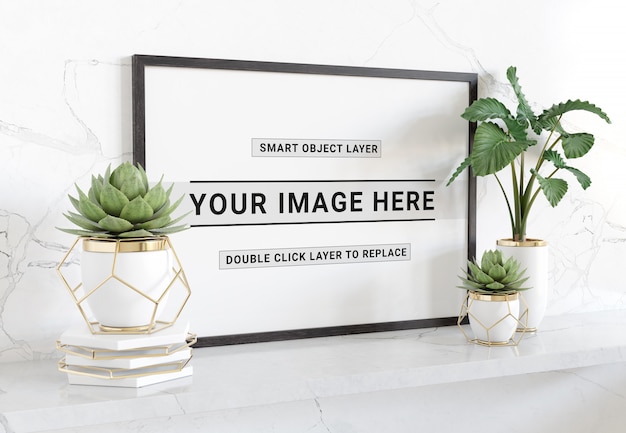 Download Horizontal black frame laying on shelf mockup | Premium PSD File