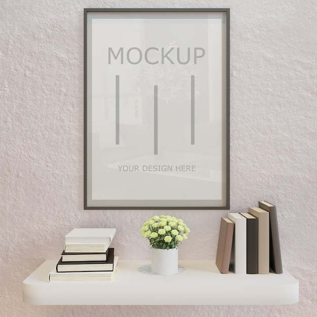 Download Horizontal poster frame mockup on white wall with book ...