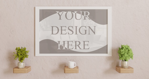 Download Horizontal white frame mockup on wall with plants decoration | Premium PSD File