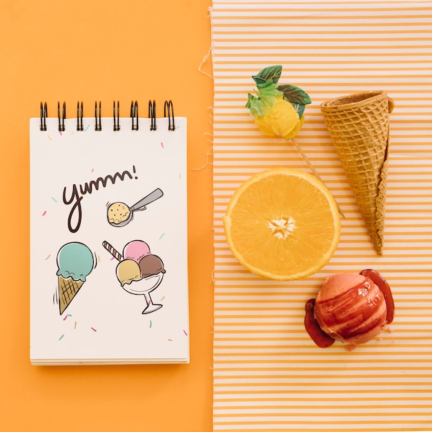 Download Ice cream mockup with notepad | Free PSD File