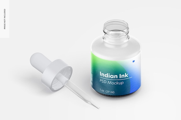 Free PSD | Indian ink bottle mockup, isometric opened view