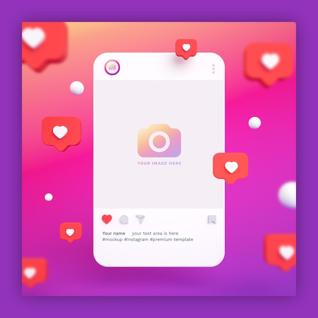 Premium PSD | Instagram post mockup 3d with heart icons