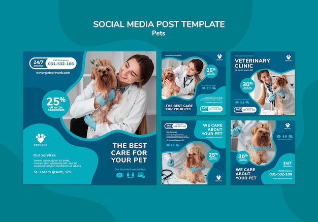  Instagram posts collection for pet care with female veterinarian and yorkshire terrier dog