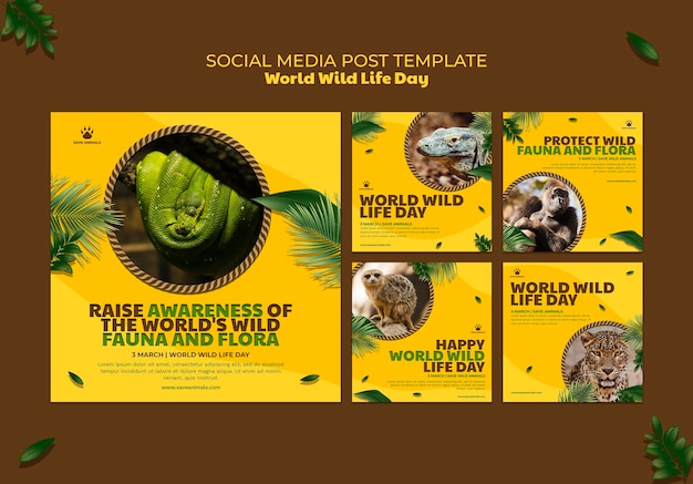 Free PSD | Instagram posts collection for world wildlife day with animals