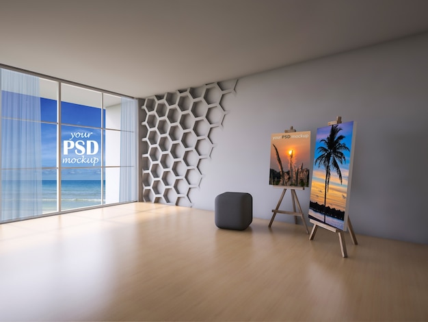 Download Premium PSD | Interior design living room with frame mockup and view mockup