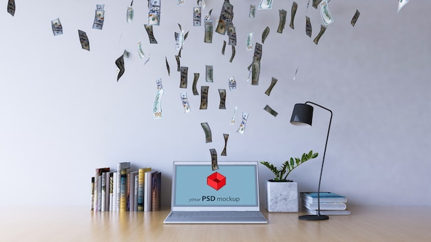 Download Premium PSD | Interior design mockup with money flying into laptop
