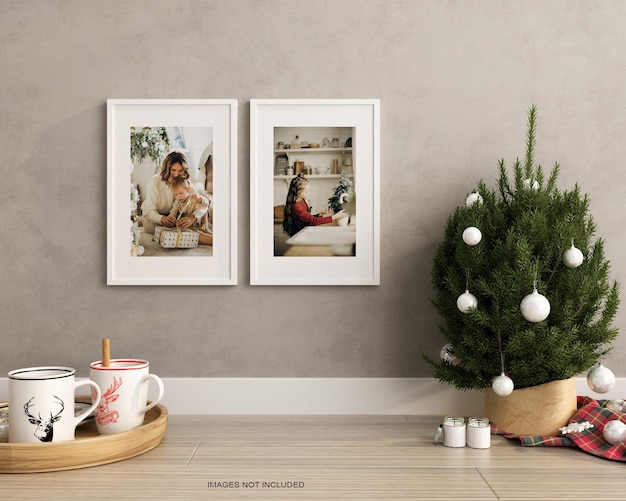 Premium PSD | Interior living frames and christmas tree mockup