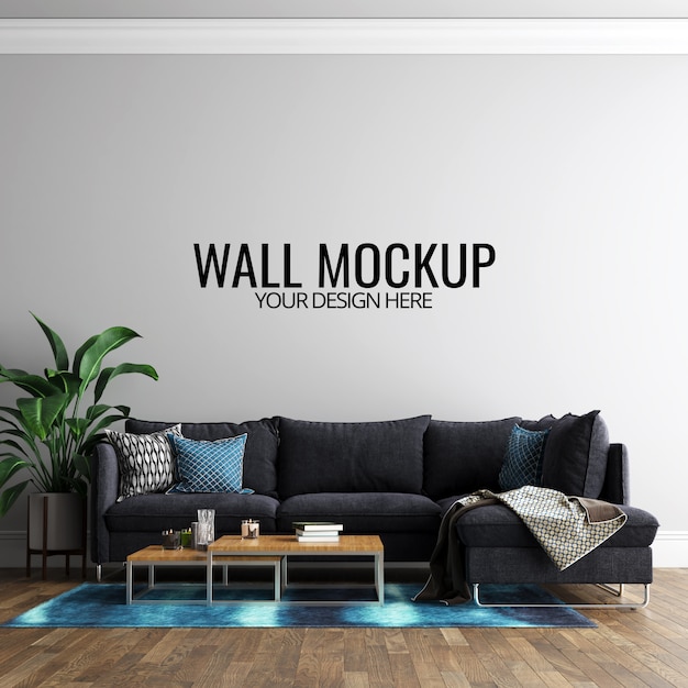Download Interior living room wall background mockup with furniture ...