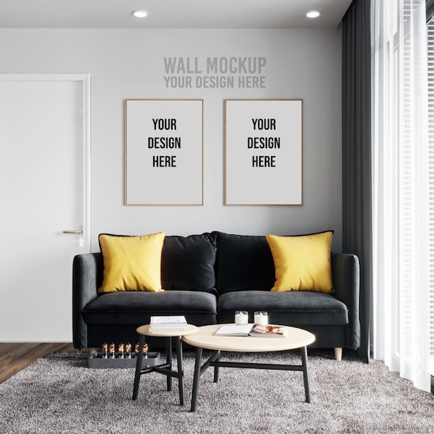 Download Interior living room wall background mockup with poster ...