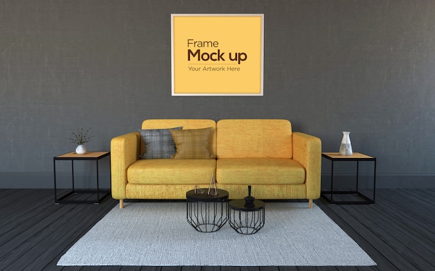 Download Premium Psd Interior Modern Living Room With Yellow Sofa And Frames Mockup PSD Mockup Templates