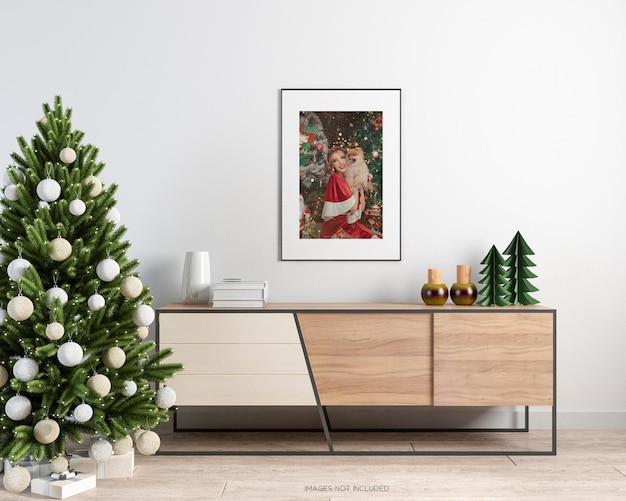 Premium PSD | Interior poster mock up with christmas tree