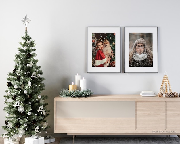 Premium PSD | Interior poster mock up with christmas tree