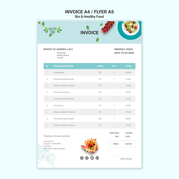 Invoice of restaurant with healthy food PSD file | Free Download