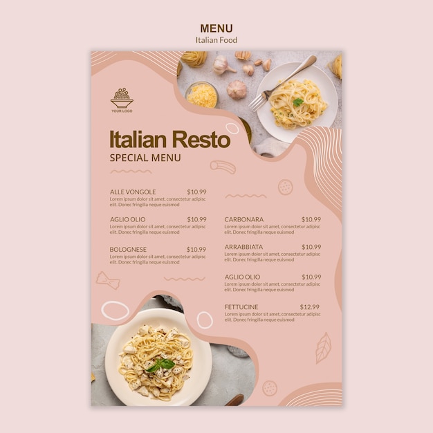 イタリア料理メニューテンプレートテーマ 無料のpsdファイル