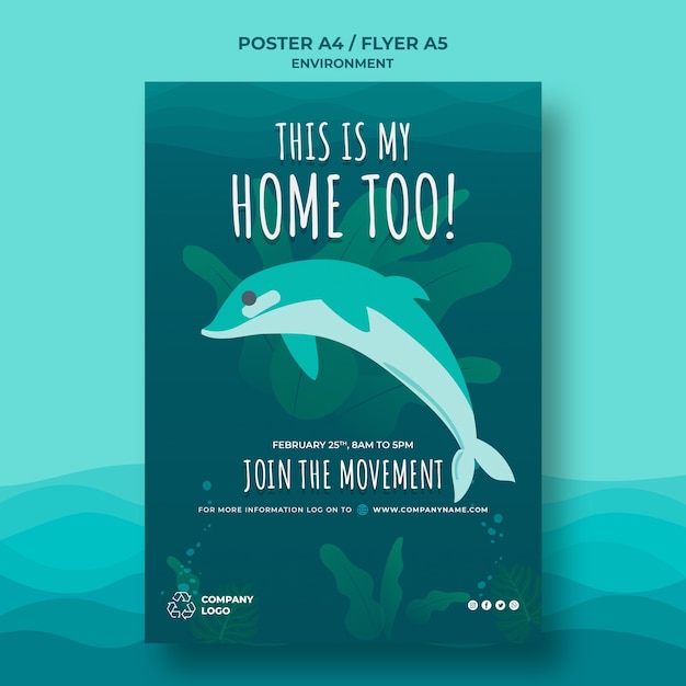 イルカと一緒に海をきれいに保つポスターテンプレート 無料のpsdファイル