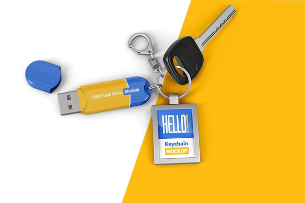 Download Premium PSD | Keychain with a flash drive and key on the ring mockup