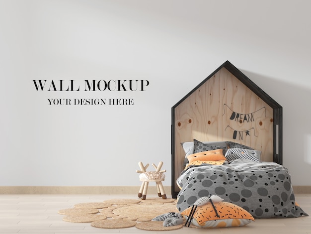 Premium PSD | Kids room wall mockup with house shaped bed