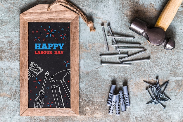 Download Free PSD | Labor day mockup with slate and tools