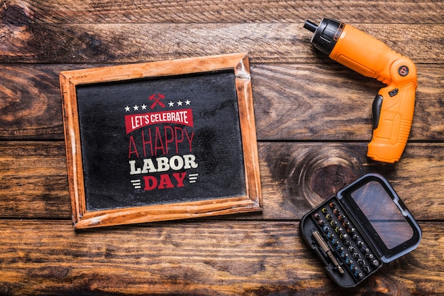 Download Labor day mockup with slate and tools PSD file | Free Download