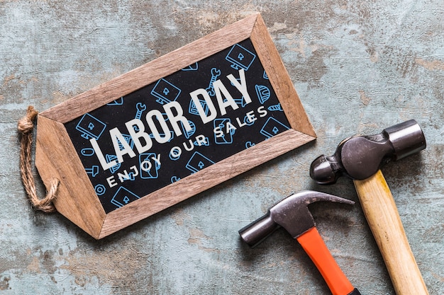 Download Labor day mockup with wooden board and tools | Free PSD File