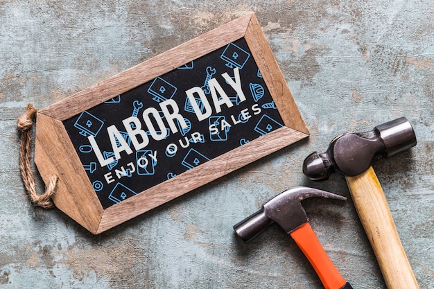 Labor day mockup with wooden board and tools | Free PSD File